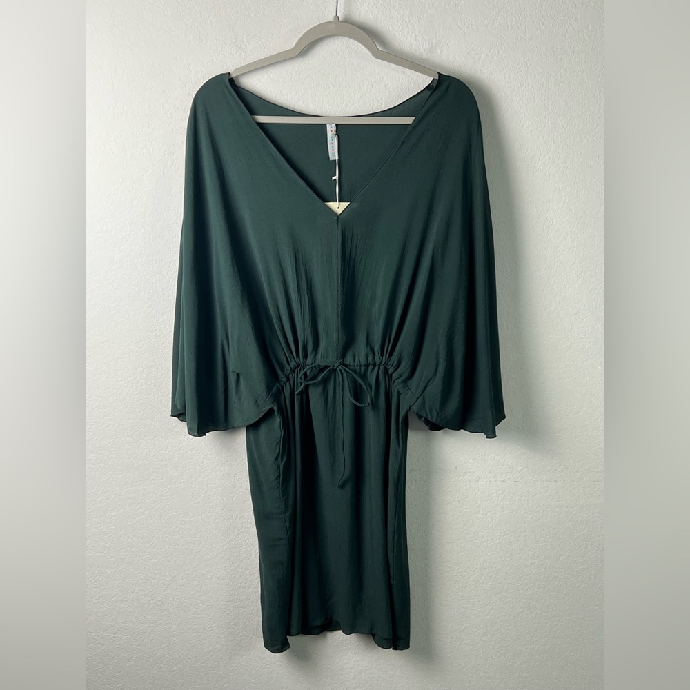 Gingersnap Green Rayon Drawstring Mini Dress Beach Vacation Resort